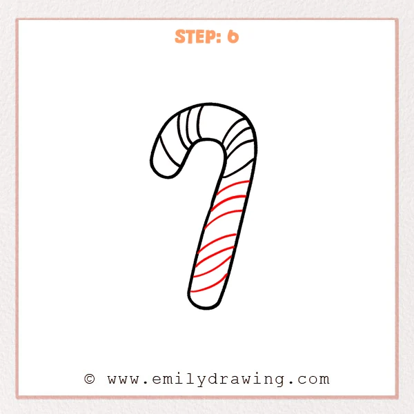 how to draw a candy cane - A candy cane with curved diagonal stripes added down the long body, matching the striped hook.